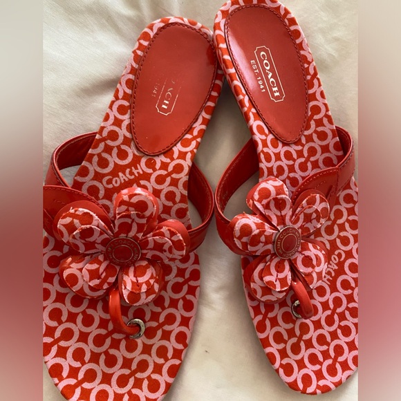 Coach Pattey Logo Flat Sandal with Flower Detailing size6.5 red/pink - Picture 9 of 10